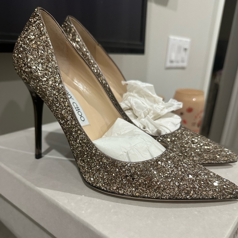 Jimmy Choo Abel 85 Antique Gold Coarse Glitter size 38.5